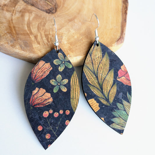 Floral on Black Cork Earrings - Leaf